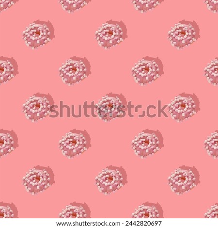 Repeating pattern of pink donuts with marshmallows on a pink background.