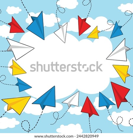 Vector colorful paper planes card or banner template. Empty cloud for text. Blue cloudy sky and flying paper planes pointing at white cloud background. Target, purpose and working concept. 