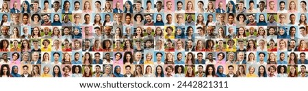 Large collage, portrait of multiracial smiling different business people. A lot of happy modern people faces in mosaic collection. Successful business, team, career, diversity concept