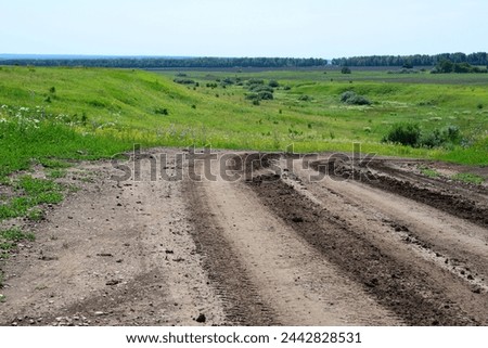 a dirt road with a tire track on it and green grass