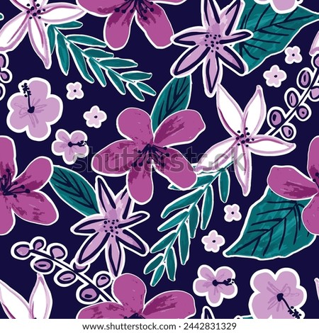 seamless hand drawn tropical vector hibiscus Hawaiian pattern on dark background. For girls, ladies, kids and teens fashion and swimwear.  High summer repeat illustration