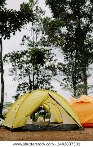 A yellow tent like lemon lime stood firmly on the camping site against a backdrop of trees and a slightly cloudy sky, along with an orange tent behind it