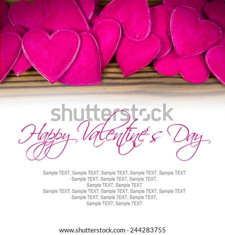 Background with white paper heart and purple hearts on wooden desk with white copy space
