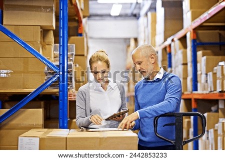 Technology, checklist and business people in distribution warehouse for logistics, supply chain and cardboard box. Package, ecommerce and employees with tablet for shipping, cargo and stock taking