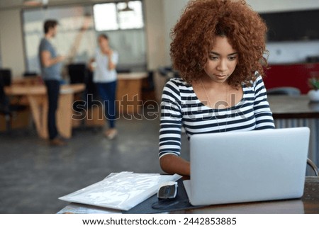 Business woman, laptop and website for research, networking and internet for project summary. Black female person, copywriting and online for plan, typing and app for info in creative media office