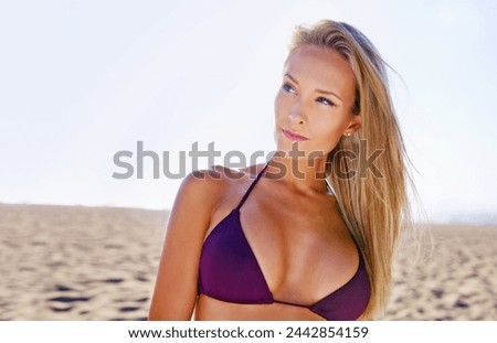 Woman, bikini and thinking at beach with blue sky for summer vacation, relaxation and lens flare. Female person, swimwear and island getaway with sunshine, traveling and Brazilian holiday in outdoor