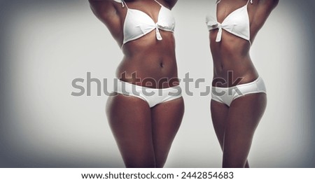 Transformation, weightloss and body of black woman on a gray background for diet, detox and wellness. Health, lose weight and stomach of isolated person for workout, exercise and fitness in studio