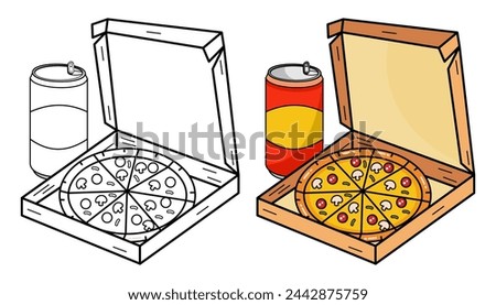 Vector Illustration of pizza with box and soda drink with lines and colors, for children's coloring book