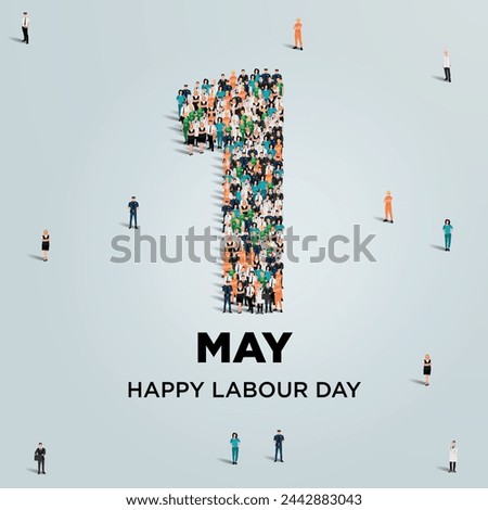 Happy labour day concept poster. Large group of people form to create number 1 as labor day is celebrated on 1st of may. Vector illustration. Royalty-Free Stock Photo #2442883043