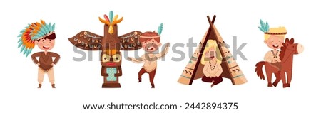 Little Boy and Girl Play Indian Wear Costume Vector Set