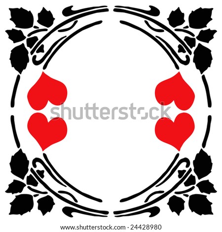 Abstract Black Silhouette Flower and Red Heart Clip Art Stencil Design as a Border Frame Isolated on a White Background