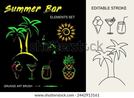 Set, clip art of summer holiday objects. Palm tree, sun icon, cocktail glass, ice cream. Paint brush strokes, splattered paint. Glowing neon fluorescent colors. Design elements with editable stroke