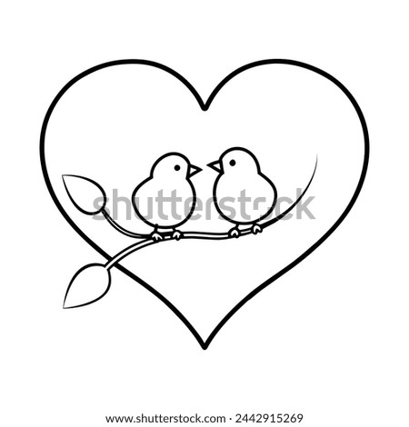 A vector outline of two birds perched on a tree branch, with a heart outline framing them, symbolizing love and 
 companionship. Royalty-Free Stock Photo #2442915269