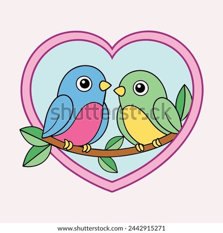 A vector outline of two birds perched on a tree branch, with a heart outline framing them, symbolizing love and 
 companionship. Royalty-Free Stock Photo #2442915271