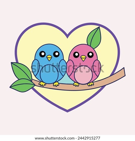 A vector outline of two birds perched on a tree branch, with a heart outline framing them, symbolizing love and 
 companionship. Royalty-Free Stock Photo #2442915277
