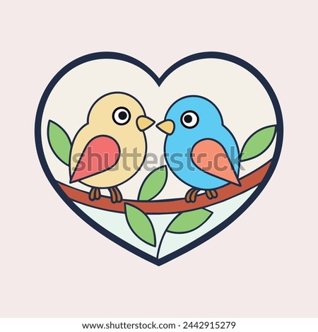 A vector outline of two birds perched on a tree branch, with a heart outline framing them, symbolizing love and 
 companionship. Royalty-Free Stock Photo #2442915279