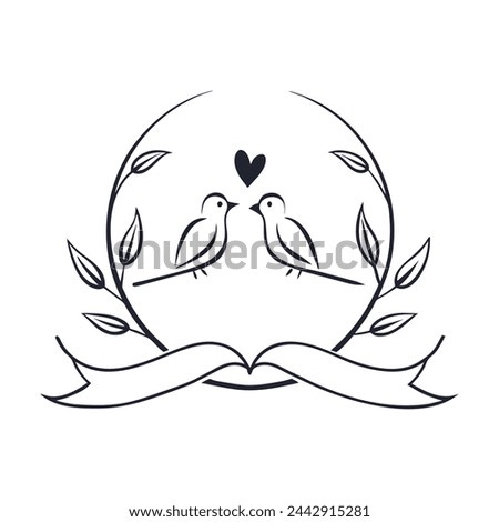 A vector outline of two birds perched on a tree branch, with a heart outline framing them, symbolizing love and 
 companionship. Royalty-Free Stock Photo #2442915281