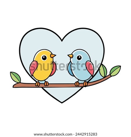 A vector outline of two birds perched on a tree branch, with a heart outline framing them, symbolizing love and 
 companionship. Royalty-Free Stock Photo #2442915283