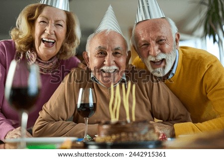 Group of senior friends having fun while celebrating Birthday at home. They are looking at camera	
