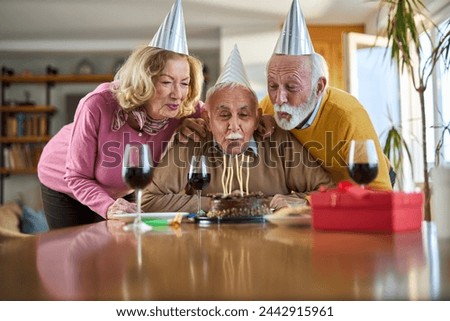 Group of mature friends blowing candles on a Birthday cake during a party at home	
