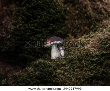 Stylized mushrooms surrounded by lush curly moss for a whimsical look.  Sunlight peeking through on the side of this contemporary picture.  