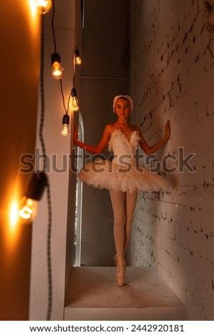 Poised young ballerina in white tutu, feather tiara performs on urban stage, expression serene against warm glow of hanging bulbs. Ballet dancer poised in contemplative stance illuminated by soft glow Royalty-Free Stock Photo #2442920181