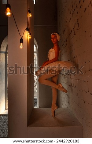 Poised young ballerina in white tutu, feather tiara performs on urban stage, expression serene against warm glow of hanging bulbs. Ballet dancer poised in contemplative stance illuminated by soft glow Royalty-Free Stock Photo #2442920183