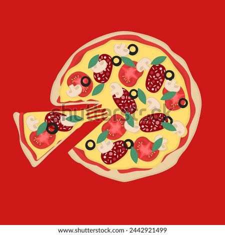 Realistic juicy pizza with cheese and pepperoni. Delicious Italian round food. Vector delicious restaurant menu design element.