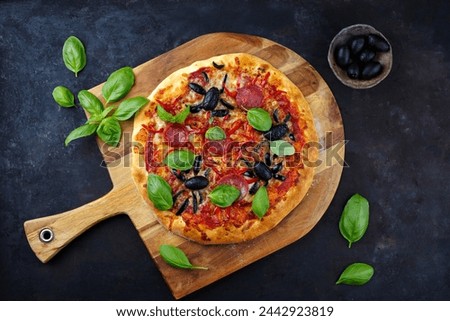 Traditional Italian Halloween spider pizza with salami, chili and olives designed as spiders served as a top view on a rustic wooden pizza shovel