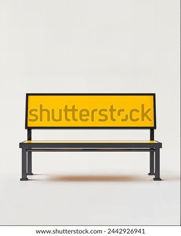 3D modern minimalist bench with yellow back, front view, white background, product photography, simple black frame, high resolution, high contrast, hyper realistic, super detailed 