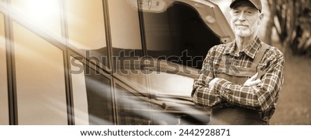 Portrait of senior car mechanic with arm crossed; multiple exposure