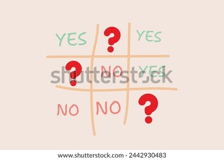 Ticks and tic-tac-toe Text Yes No Mark question on pink background Choosing the correct answer path between Dilemma Copy space Random selection Game