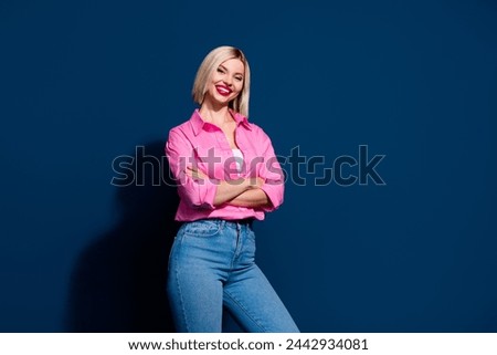 Photo portrait of lovely young lady folded hands confident manager boss dressed stylish pink garment isolated on dark blue color background