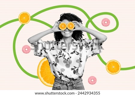 Photo collage picture of happy smiling lady enjoying tasty oranges isolated graphical background