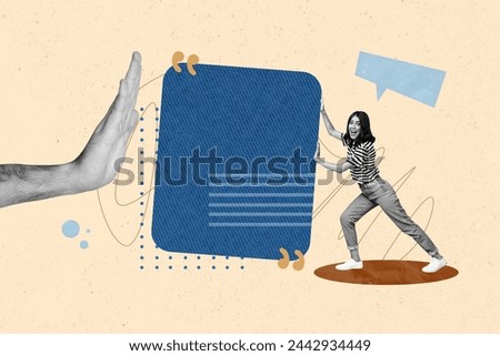 Sketch image composite trend artwork photo collage of black white office active attractive lady push conversation cloud huge arm say no