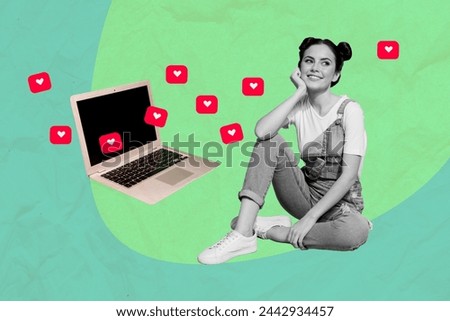 Creative collage picture sitting young girl laptop social media network receive like heart notification smm targetologist