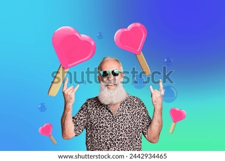 Creative picture collage funky senior man showing rock'n roll gesture fun happy sunglasses macho ice cream heart lovers day