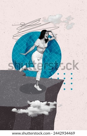 Trend artwork composite 3D photo collage of black white silhouette young lady hold hand at eyes look through away stand on cliff edge