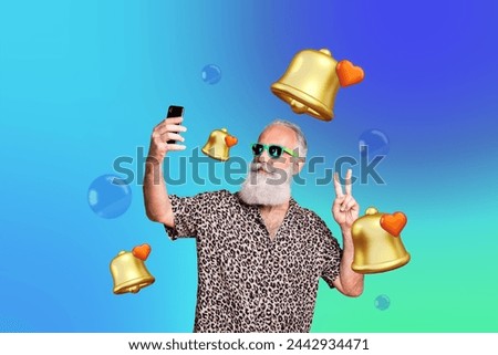 Creative photo picture collage senior funky retired man shooting selfie sunglasses bell love day valentine february drawing background