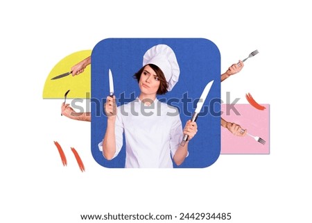 Creative picture collage young thoughtful woman chef cooker culinary dish prepare decide knife choose human hands forks drawing background