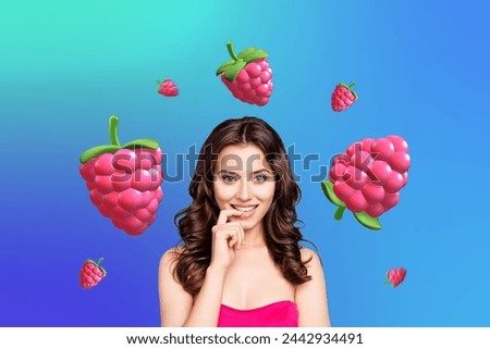 Creative picture collage young happy excited pretty girl biting finger tempting tasty raspberry fruit vitamins delicious yummy food