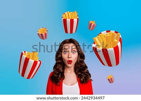Creative picture photo young astonished gorgeous woman blow lips potato fries junk fastfood lunch nutrition meal drawing background