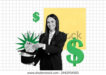 Collage young cheerful happy pretty woman magician artist hold banknotes rich dollars money earnings income show trick checkered background