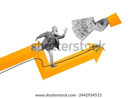 Creative picture photo running mature man millionaire rich earnings investor trader banknotes cash money increase arrow up