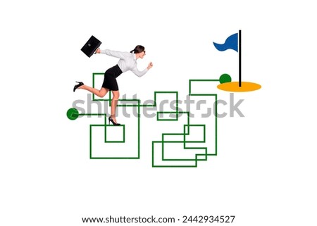 Creative picture photo collage young running businesswoman persistent determination goal achievement finish flag puzzle path