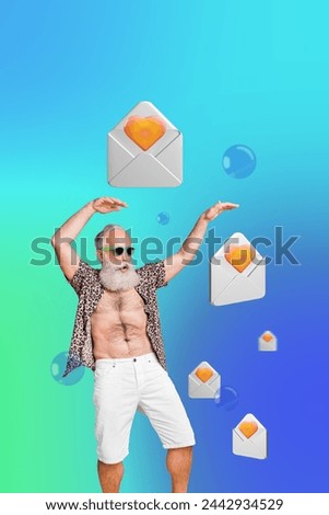 Vertical collage picture young pensioner grandfather dancing love february day valentine message envelop correspondence