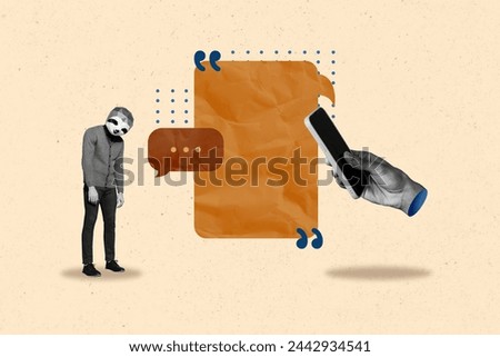 Creative collage picture young headless man animal sleepy head face textbox message reply bubble smartphone app messenger