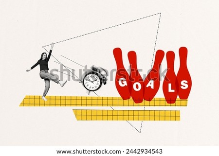 Creative collage picture of excited mini black white colors girl leg kick bell ring clock hit bowling skittles goals isolated on painted background