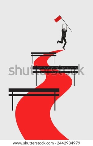Vertical creative collage picture young man victory winner red flag raise up achievement reach target goal accomplishment road track