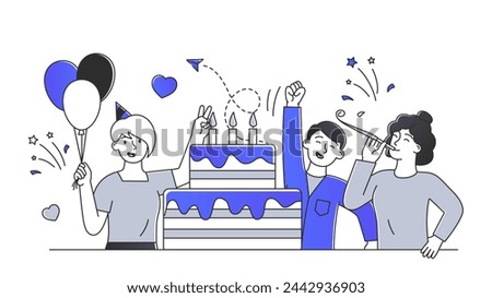 Happy birthday simple. Boys and girl with cake with candles. Annual event and holiday. Celebration and festival, children at party. Doodle flat vector illustration isolated on white background